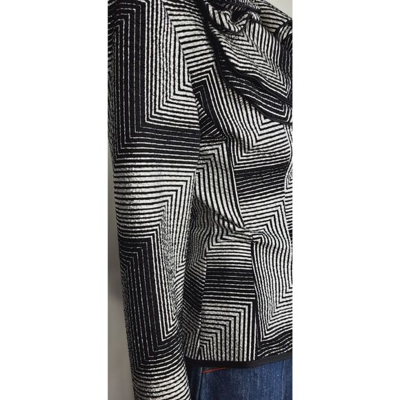 Joseph Ribkoff Chevron Print Black & Silver Tiered High Collar Peplum Jacket - Picture 11 of 14